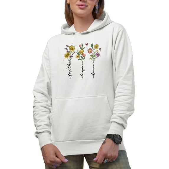 Faith Hope Love with Hand Drawn & Watercolor Flowers Art Merch Gift, White Hooded Sweatshirt or Hoodie, Small