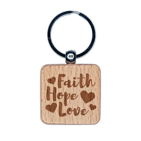 Faith Hope Love with Hearts Square Keychain Charm Tag - Engraved Wood