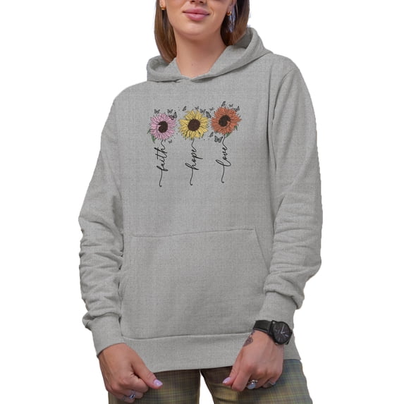Faith, Hope, Love with Retro Sunflowers & Butterflies Art Merch Gift, Heather Grey Hooded Sweatshirt or Hoodie, 2XL