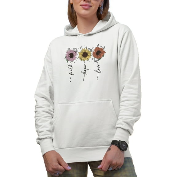 Faith, Hope, Love with Retro Sunflowers & Butterflies Art Merch Gift, White Hooded Sweatshirt or Hoodie, XL