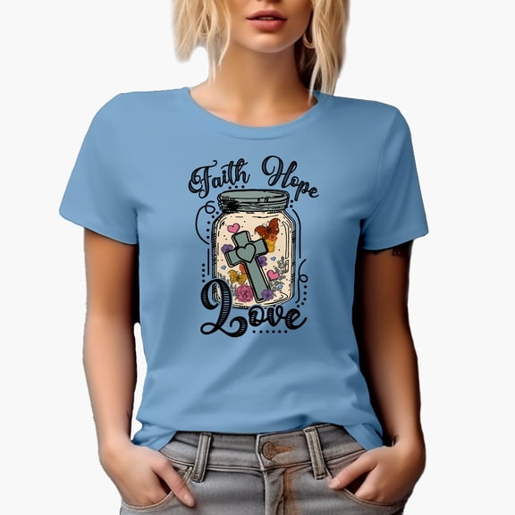 Faith Hope Love with a Cross in a Jar Art Merch Gift, Baby Blue T-Shirt, XL