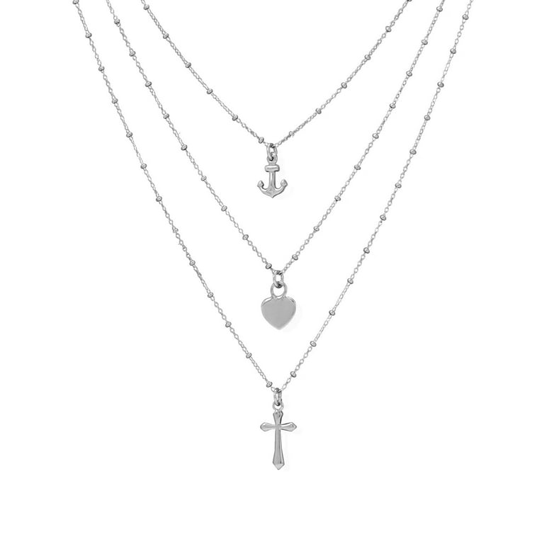 Layered Cross Necklace Rhodium on Sterling Silver Satellite Chain Bead Layered Cross Necklace Rhodium on Sterling Silver Satellite Chain Bead