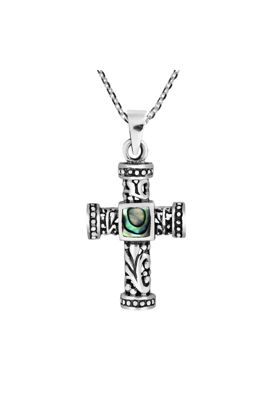 Faith Icon Cross Abalone Shell Inlay Filigree Swirls Sterling Silver Necklace