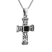 AERAVIDA Faith Icon Cross Black Onyx Inlay Filigree Swirls Sterling Silver Necklace