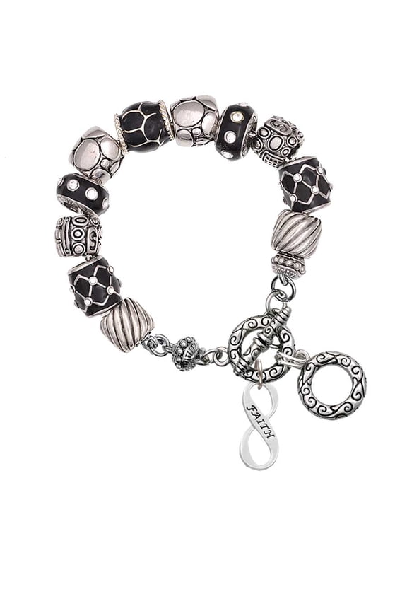 Faith Infinity Sign Black Pebble Bead Charm Bracelet