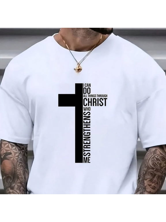 Faith Inspirational Christian Cross T-Shirt Philippians 4:13 Bible Verse Graphic Tee Men's Casual Short Sleeve White Fashion Top