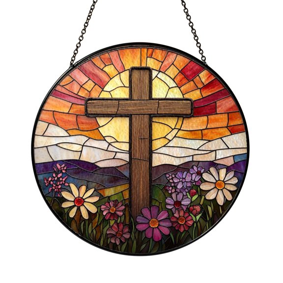 Faith Inspired Cross Glass Suncatcher Window Hanging Decor, Soft Floral Light Catcher Accent, Religious Gift for Loved Ones