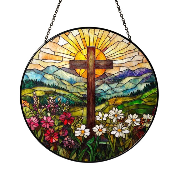 Faith Inspired Cross Glass Suncatcher Window Hanging Decor, Soft Floral Light Catcher Accent, Thoughtful Religious Gift