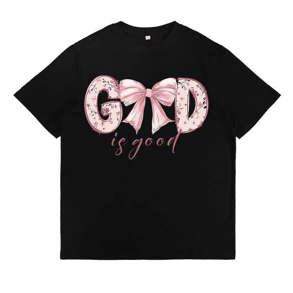 Faith-Inspired Floral Tee - 'God is Faithful' Vintage Bow Design - Women's Soft Black Cotton Casual Tops