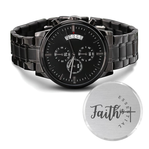 Faith Is Essential Engraved Bible Verse Men's Watch Multifunction Stainless Steel W Copper Dial