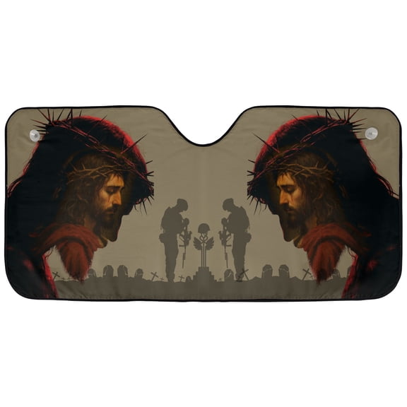 Faith Jesus American Flag Car Sunshade – Christian Cross Windshield Sun Shade, Religious USA Patriotic Auto Sunshade