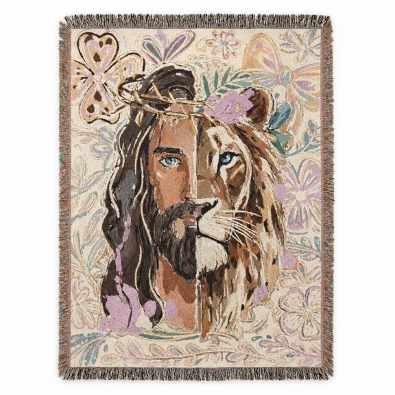 Faith Lion Floral Woven Cotton Throw Blanket with Fringe