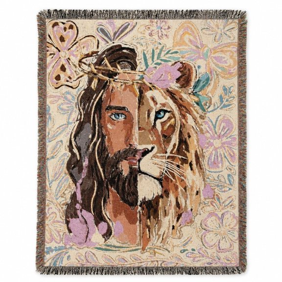 Faith Lion Woven Cotton Throw Blanket with Fringe, Floral Sofa Decor