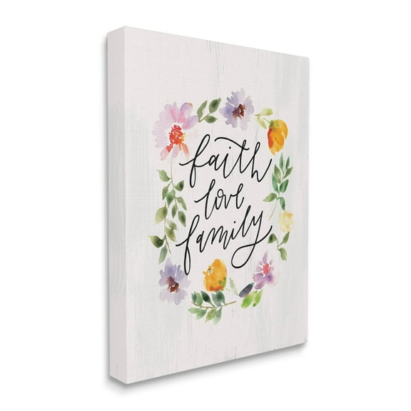Faith Love Family Quote Traditional Floral Wreath 36 in x 48 in Painting Canvas Art Print, by Stupell Home Décor