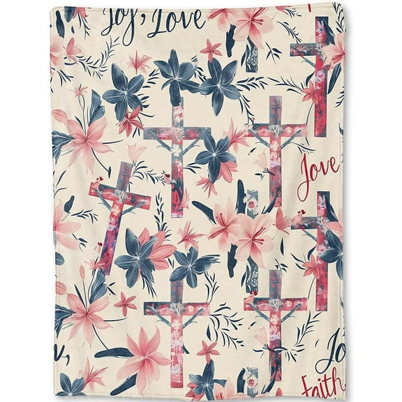Faith and Love Floral Cross Throw Blanket- Ultra Soft, Fleece, Lightweight,Inspirational Words and Beautiful Flower Blankets, for Couch Room Bedroom Decor, Christian Gifts for Women 40x50in