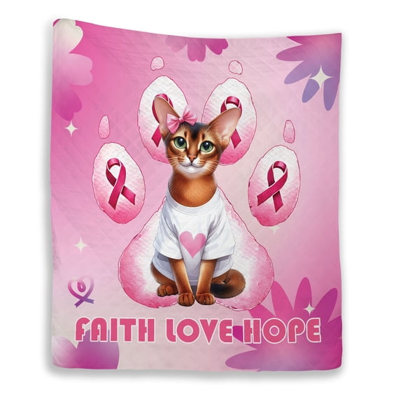 Faith Love Hope Abyssinian Breast Cancer Awareness Survivor Quilt Blanket Cat Lover Kitten Owner Gifts Cozy Comforter Throw Blanket - 02017
