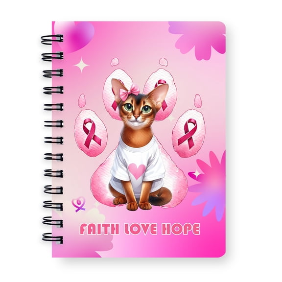 Faith Love Hope Abyssinian Breast Cancer Awareness Survivor Spiral Bound Journal Cat Lover Kitten Owner Gifts 5x7in Spiral Notebook - 02017