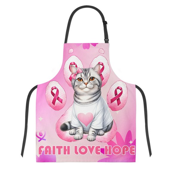 Faith Love Hope American Shorthair Breast Cancer Awareness Survivor Apron Cat Lover Kitten Owner Gifts for Cooking Grilling Baking Painting Gardening - 02017