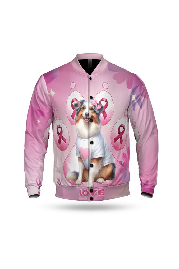 Faith Love Hope Australian Shepherd Breast Cancer Awareness Survivor All Over Print 3D Baseball Jacket Aussie Dog Lover Gifts Bomber Jacket Softball - 02017