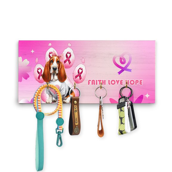 Faith Love Hope Basset Hound Breast Cancer Awareness Survivor Wood Key Holder Bassets Dog Breed Lovers Gifts Idea Wall-mounted Key Rack Home Decor - 02017