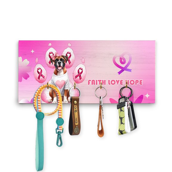 Faith Love Hope Boxer Breast Cancer Awareness Survivor Wood Key Holder Boxers Dog Lover Gifts Idea Wall-mounted Key Rack Home Decor - 02017