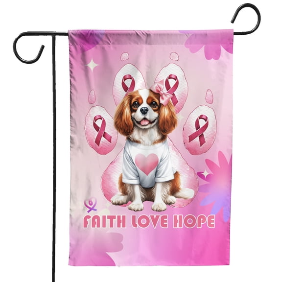 Faith Love Hope Cavalier King Charles Spaniel Breast Cancer Awareness Survivor Garden Flag 12x18in Double Sided Dog Lover Gifts Outdoor Decor - 02017