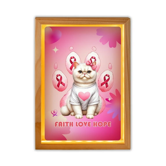 Faith Love Hope Exotic Shorthair Breast Cancer Awareness Survivor Acrylic Plaque with Wood Photo Frame Box Cat Lover Kitten Owner Gifts Light Box - 02017
