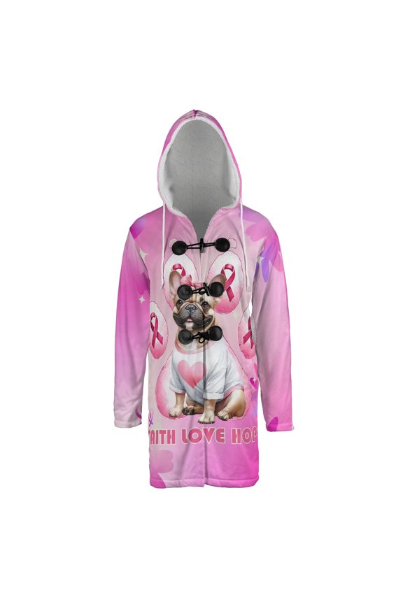 Faith Love Hope French Bulldog Breast Cancer Awareness Survivor All Over Print 3D Hooded Duffle Toggle Coat Dog Lover Gifts - 02017