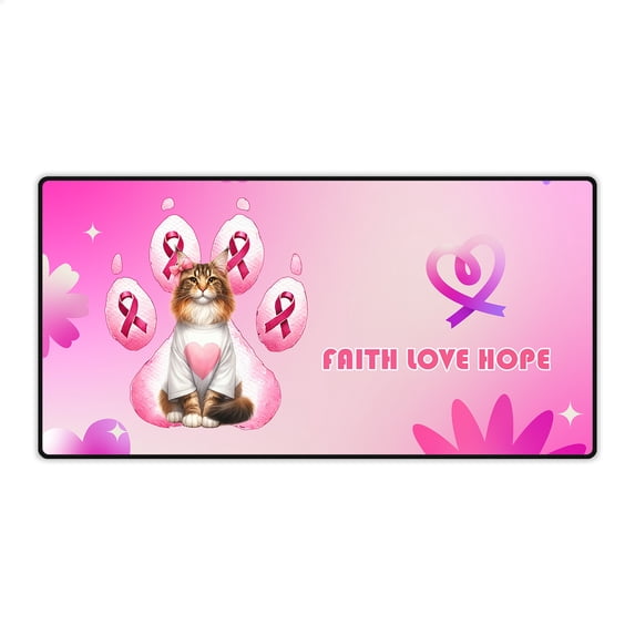 Faith Love Hope Maine Coon Breast Cancer Awareness Survivor Desk Mat Full Keyboard Mouse Pad Cat Lover Kitten Owner Gifts Large Mousepad - 02017
