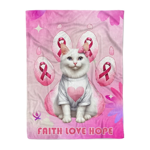 Faith Love Hope Manx Breast Cancer Awareness Survivor Cozy Fleece Blanket Cat Lover Kitten Owner Gifts Warm Soft Throw Blanket - 02017