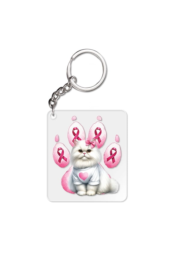 Faith Love Hope Persian Breast Cancer Awareness Survivor Acrylic Keychain Cat Lover Kitten Owner Gifts Collar Charm Tag Keyring - 02017