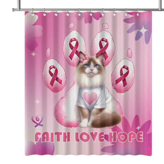 Faith Love Hope Ragdoll Breast Cancer Awareness Survivor Shower Curtain Cat Lover Kitten Owner Gifts Idea Waterproof Bathroom Bathtub Curtain - 02017