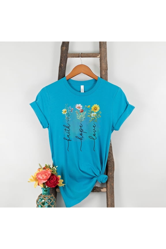Faith Love Hope Shirt, Motivational T-Shirt, Christian Apparel, Christian T Shirts, Religious Shirt, Inspirational Quotes (Colors:Aqua; Sizes:L;)