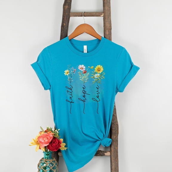 Faith Love Hope Shirt, Motivational T-Shirt, Christian Apparel, Christian T Shirts, Religious Shirt, Inspirational Quotes (Colors:Aqua; Sizes:XL;)