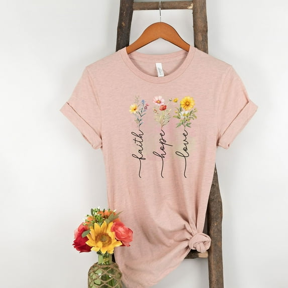Faith Love Hope Shirt, Motivational T-Shirt, Christian Apparel, Christian T Shirts, Religious Shirt, Inspirational Quotes (Colors:Heather Peach; Sizes:2XL;)