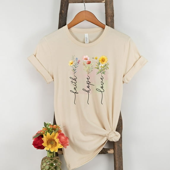 Faith Love Hope Shirt, Motivational T-Shirt, Christian Apparel, Christian T Shirts, Religious Shirt, Inspirational Quotes (Colors:Natural; Sizes:3XL;)