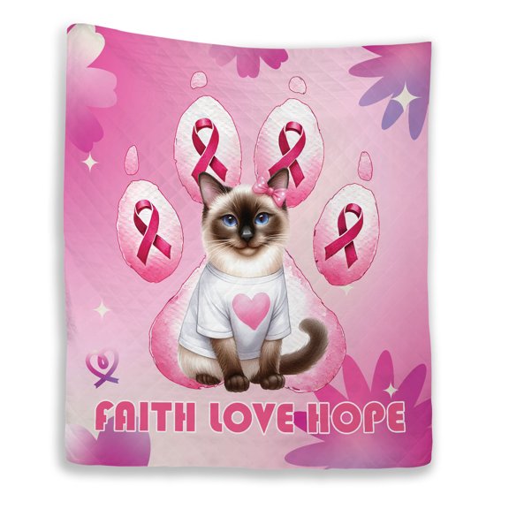 Faith Love Hope Siamese Breast Cancer Awareness Survivor Quilt Blanket Cat Lover Kitten Owner Gifts Cozy Comforter Throw Blanket - 02017