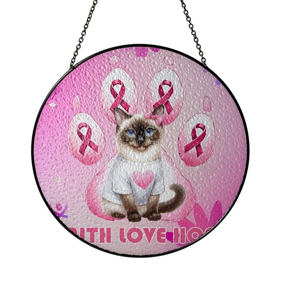 Faith Love Hope Siamese Breast Cancer Awareness Survivor Stained Glass Suncatcher Cat Lover Kitten Owner Gifts Window Hanging Sign Decor - 02017