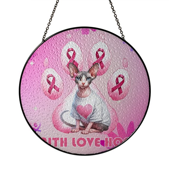 Faith Love Hope Sphynx Breast Cancer Awareness Survivor Stained Glass Suncatcher Cat Lover Kitten Owner Gifts Idea Window Hanging Sign Decor - 02017