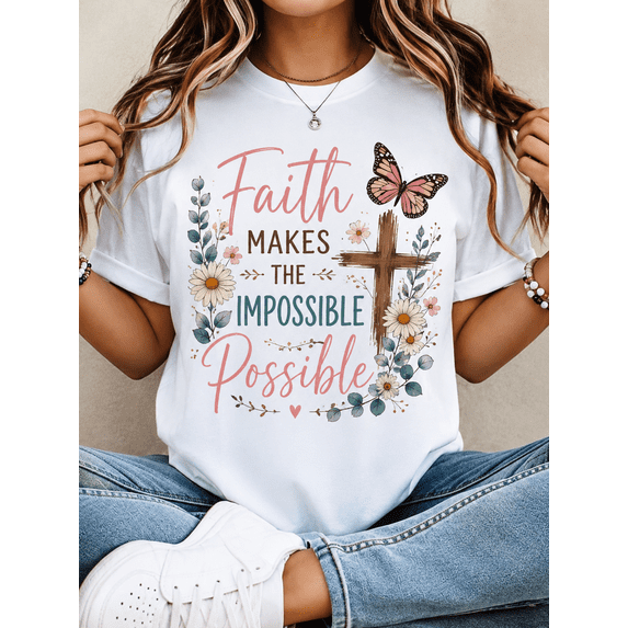 Faith Makes the Impossible Possible Christian Graphic T-Shirt for Women, Inspirational Floral Cross Crew Neck Casual Tee