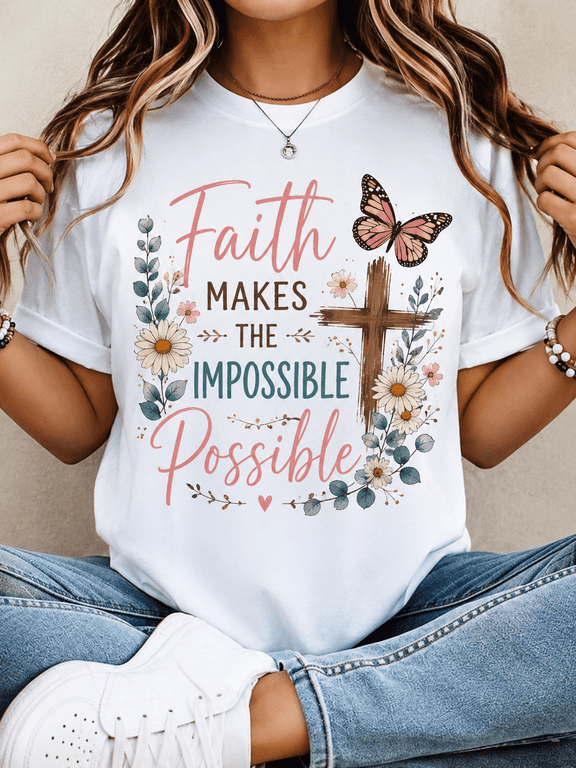 Faith Makes the Impossible Possible Christian Graphic T-Shirt for Women, Inspirational Floral Cross Crew Neck Casual Tee