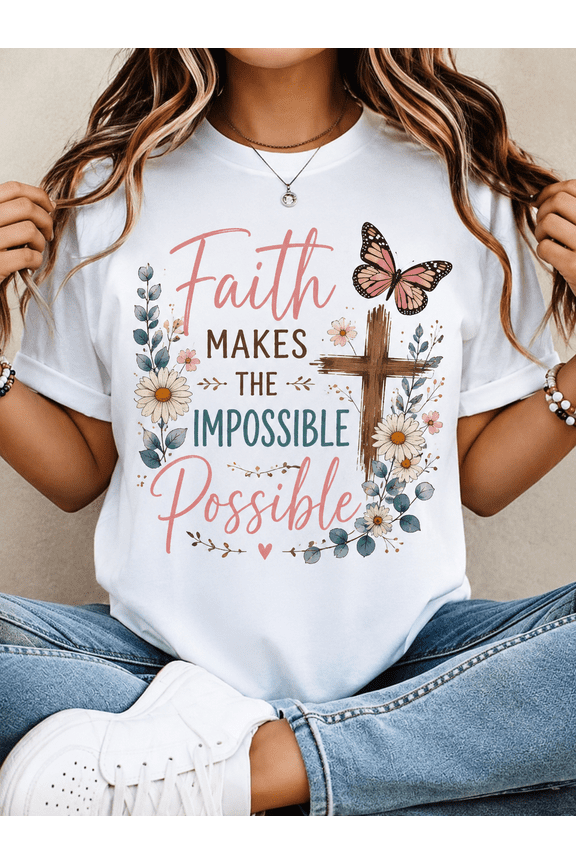 Faith Makes the Impossible Possible Christian Graphic T-Shirt for Women, Inspirational Floral Cross Crew Neck Casual Tee