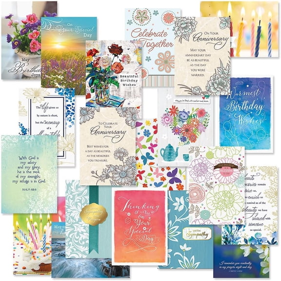 Faith All Occasion Value Pack - 20 Cards With Envelopes, Celebration, Get Well, Sympathy, Birthday, Anniversary & Thinking of You Variety, Large 5" x 7" Assortment, 20 Design Set