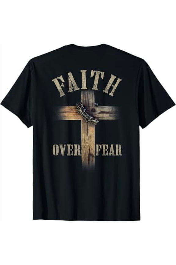Faith Over Fear American Christian Cross God Jesus T-Shirt for Men Women Religious Shirts Crewneck Graphic Tee Tops Black