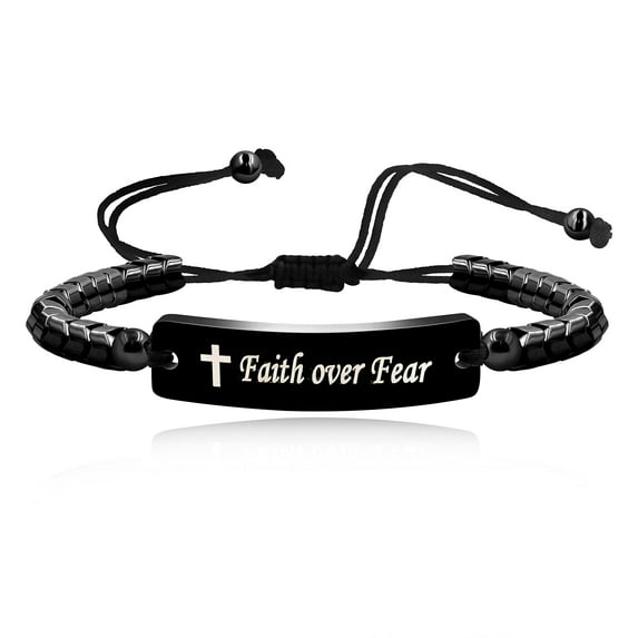 Faith Over Fear Bangle Bracelet, Gear-Shaped Hematite Black Cuff Bracelets Inspirational Gifts for Women and Men Y2300 (Black)