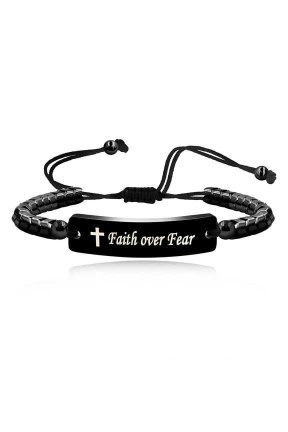 Faith Over Fear Bangle Bracelet, Gear-Shaped Hematite Black Cuff Bracelets Inspirational Gifts for Women and Men Y2300 (Black)