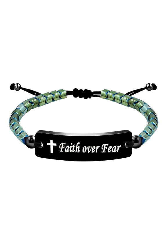 Faith Over Fear Bracelets, Green Hematite Bracelets Motivational Graduation Gifts for Classmates Boys Girls Y2300 (Green)