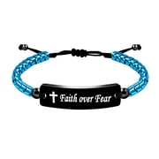 ULOVEIDO Faith Over Fear Bracelets, Handmade Braided String Blue Hematite Bracelet Inspirational Gifts for Women and Men Y2300 (Blue)