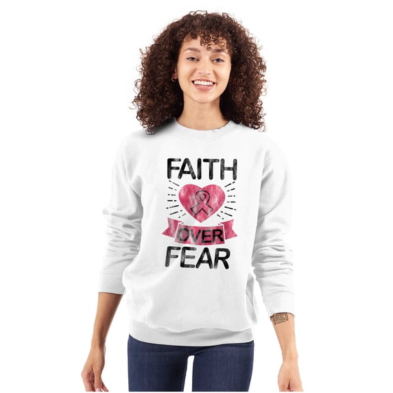 Faith Over Fear Breast Cancer Ribbon Women Crewneck Sweatshirt Brisco Brands S