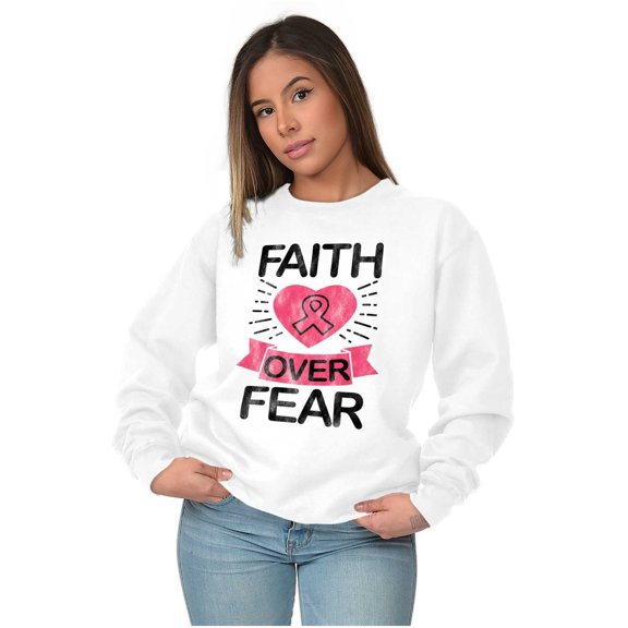 Faith Over Fear Breast Cancer Ribbon Women Crewneck Sweatshirt Brisco Brands X